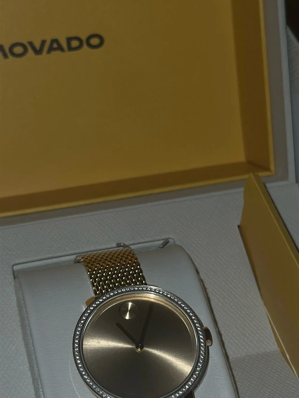Movado Gold Dial Watch with Crystal Bezel and Mesh Bracelet
